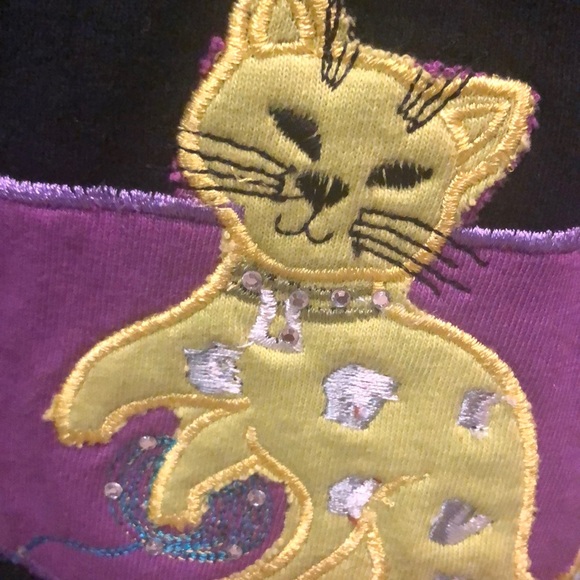 3x Black Cotton blouse with cat appliqués sparkles - Picture 2 of 10